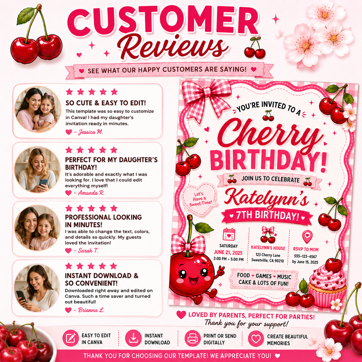 Editable Cherry Birthday Invitation Template | Pink Cherry Party Invite (Digital Download) PLR MRR