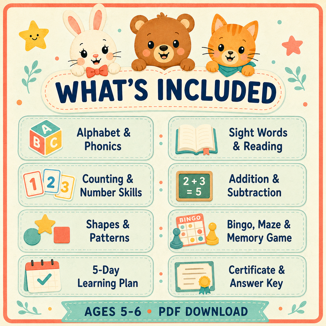 Cute Animal Learning Pack for Ages 5–6