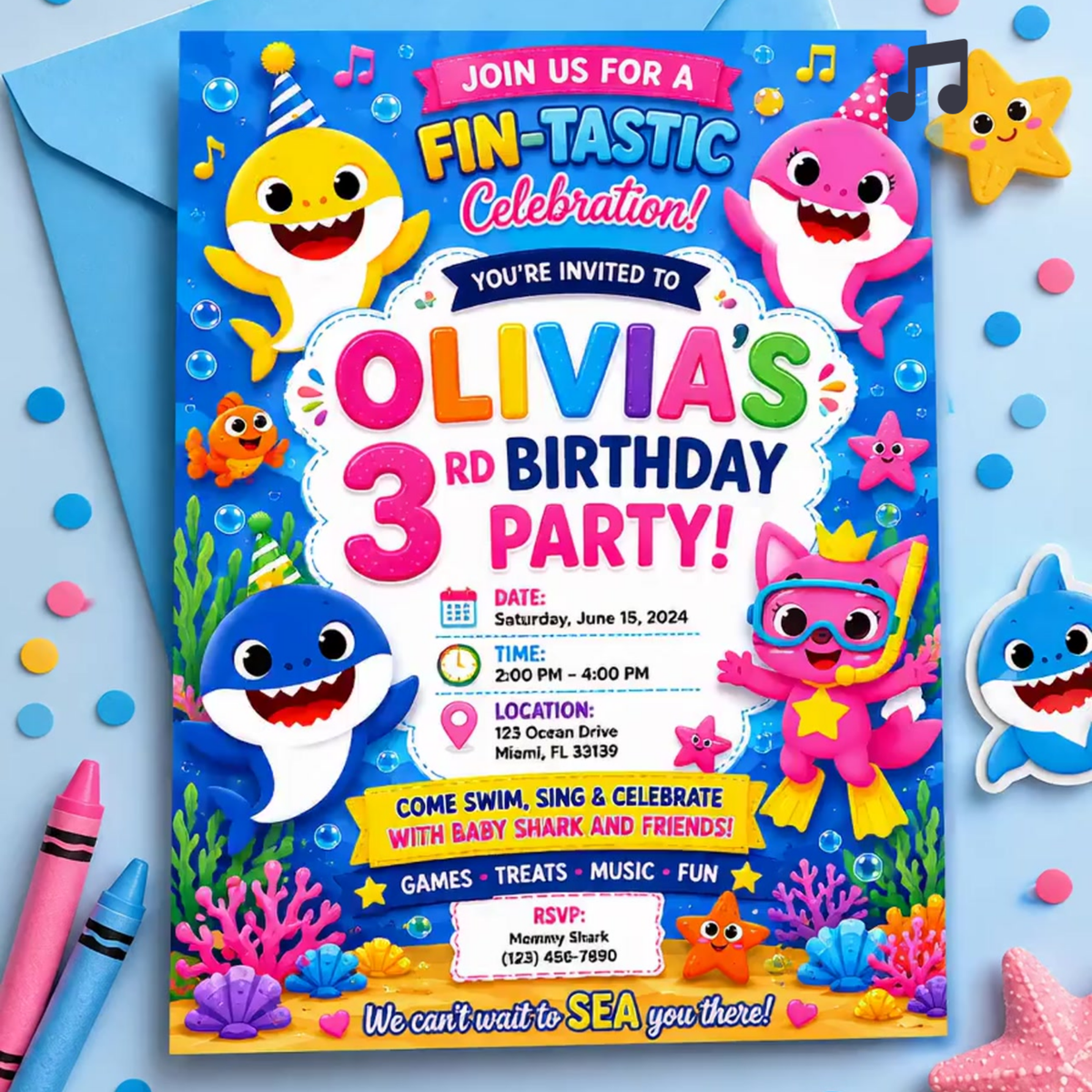 Animated Ocean Birthday Invitation Template | Shark Theme, Music (Digital Download)