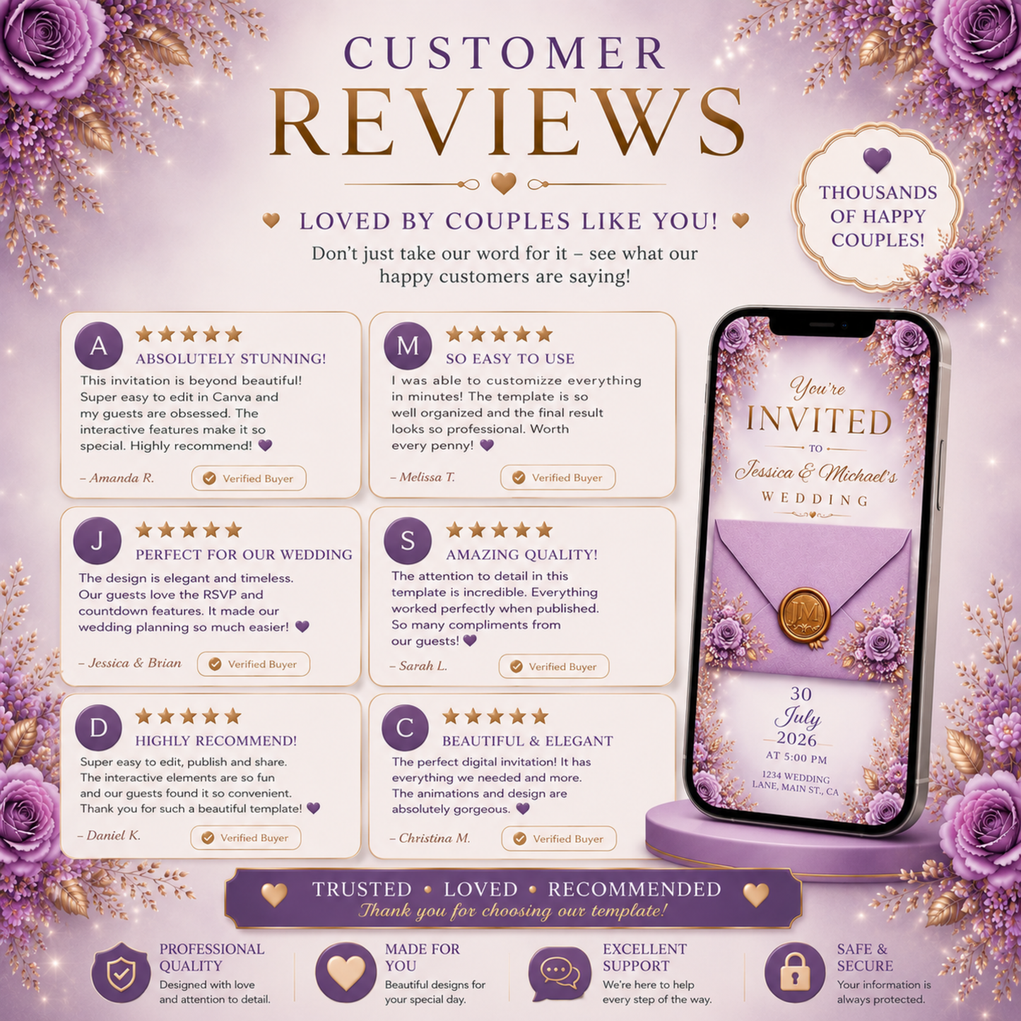 Interactive Purple Lilac & Gold Wedding Invitation | Editable Canva Wedding Website | Digital Invite with RSVP, Music & Countdown, PLR + MRR