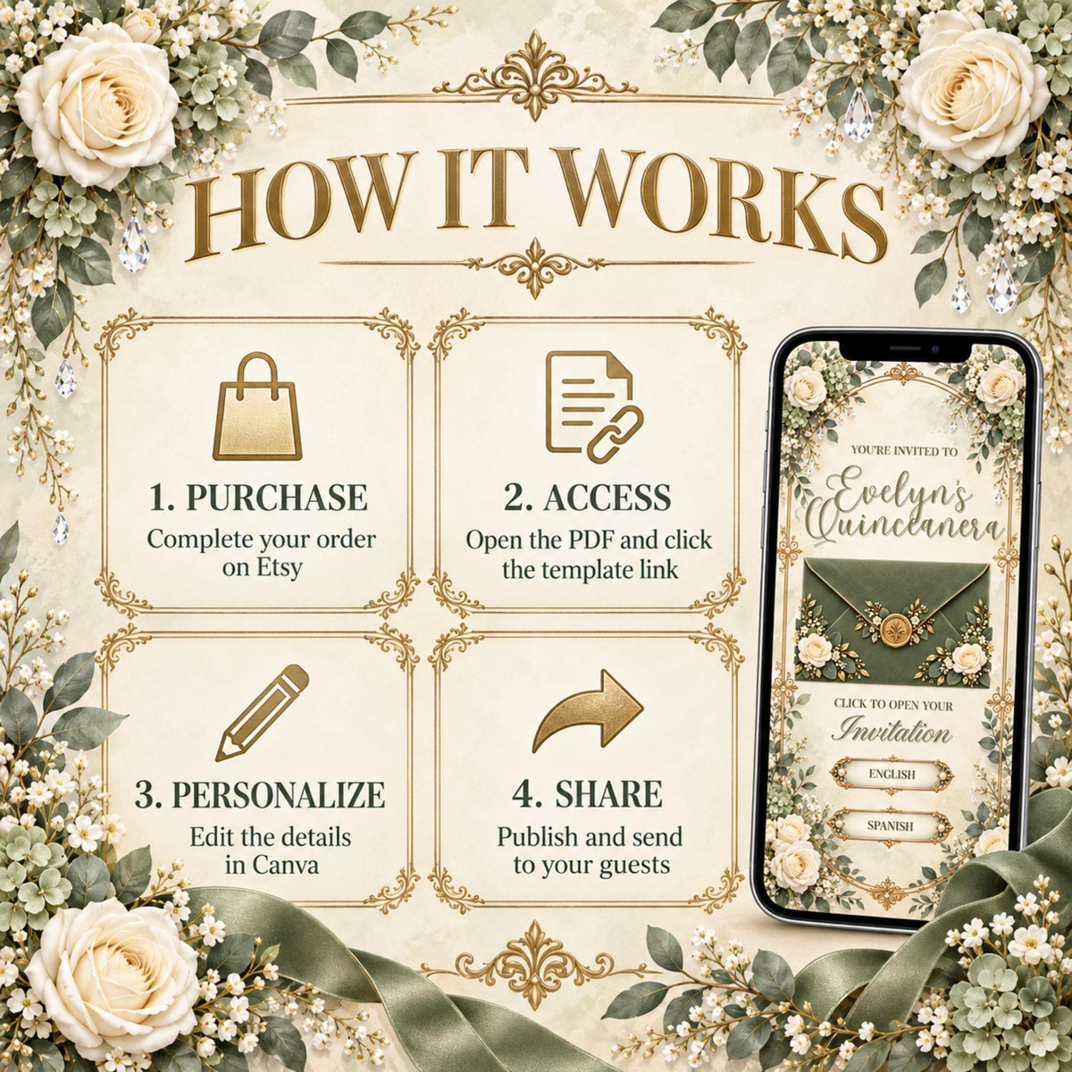 Sage green and gold bilingual quinceañera Canva invitation — image 12