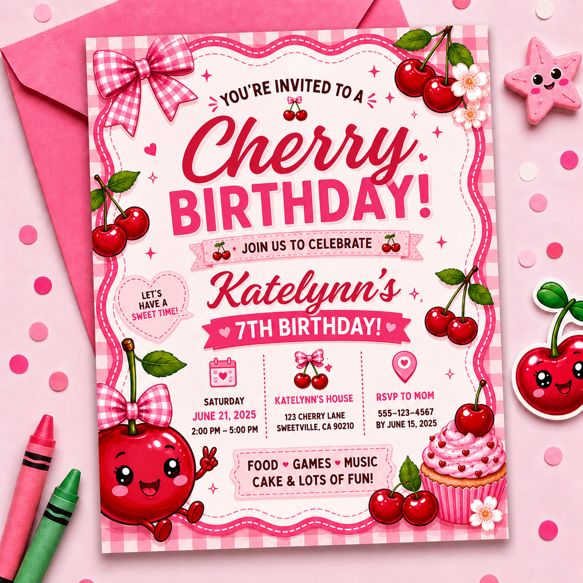 Editable Cherry Birthday Invitation Template | Pink Cherry Party Invite (Digital Download) PLR MRR