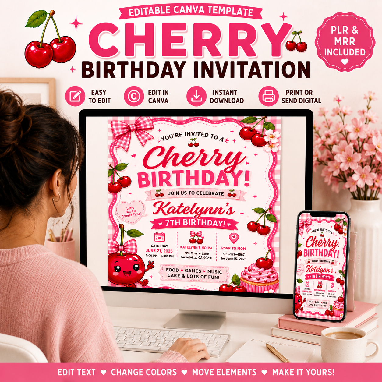 Editable Cherry Birthday Invitation Template | Pink Cherry Party Invite (Digital Download) PLR MRR
