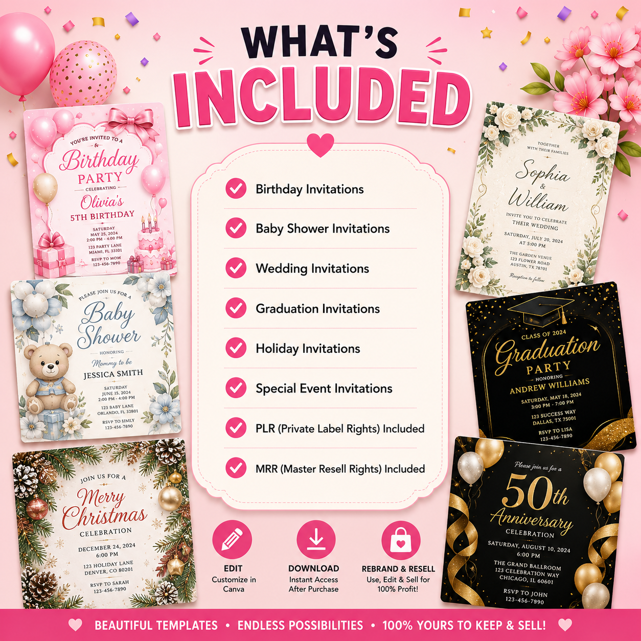 50 Editable Invitation Templates Bundle | PLR MRR Included