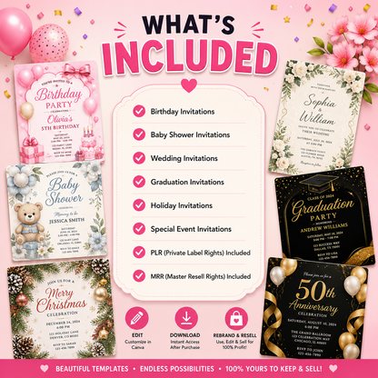 50 Editable Invitation Templates Bundle | PLR MRR Included