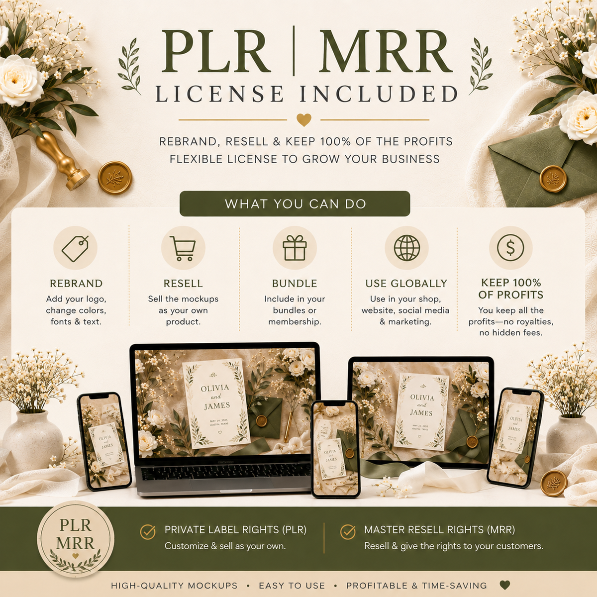 20 Wedding Invitation Mockups | PLR MRR | Elegant Botanical Mockup Bundle