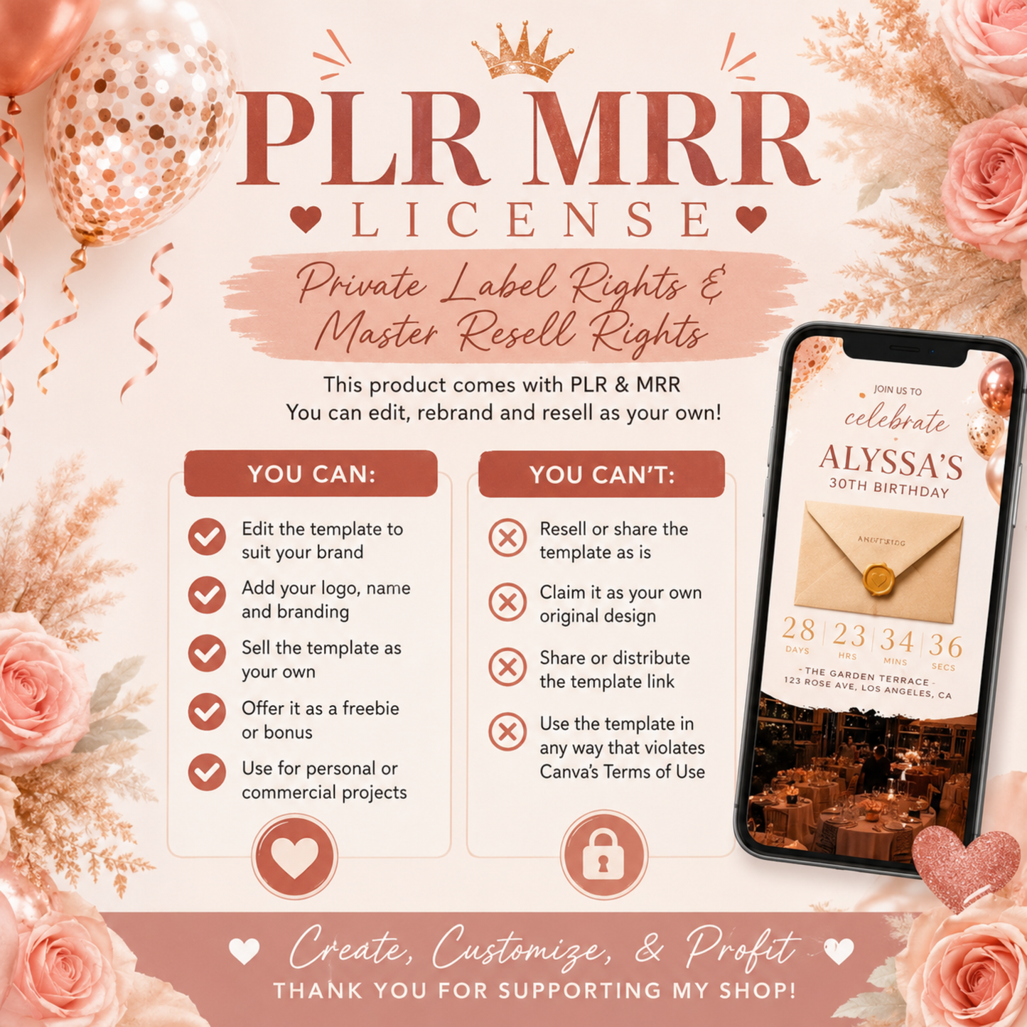 30th Birthday Invitation Template | Editable Rose Gold Canva Invite | Animated Digital Download | PLR MRR