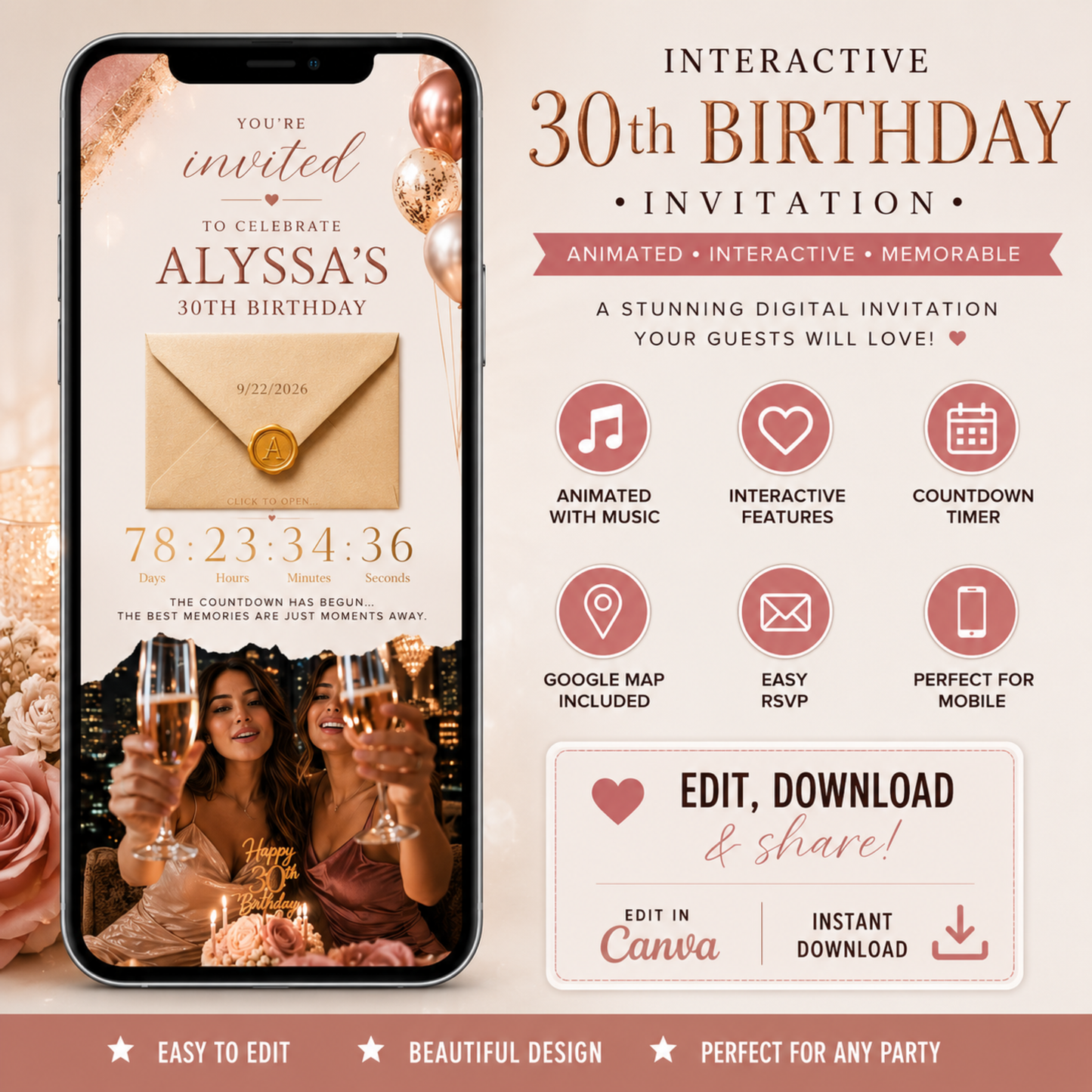30th Birthday Invitation Template | Editable Rose Gold Canva Invite | Animated Digital Download | PLR MRR