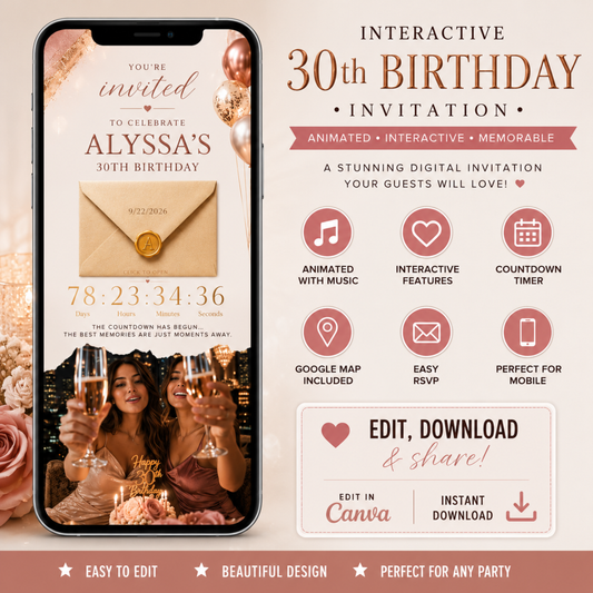30th Birthday Invitation Template | Editable Rose Gold Canva Invite | Animated Digital Download | PLR MRR