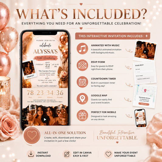 30th Birthday Invitation Template | Editable Rose Gold Canva Invite | Animated Digital Download | PLR MRR