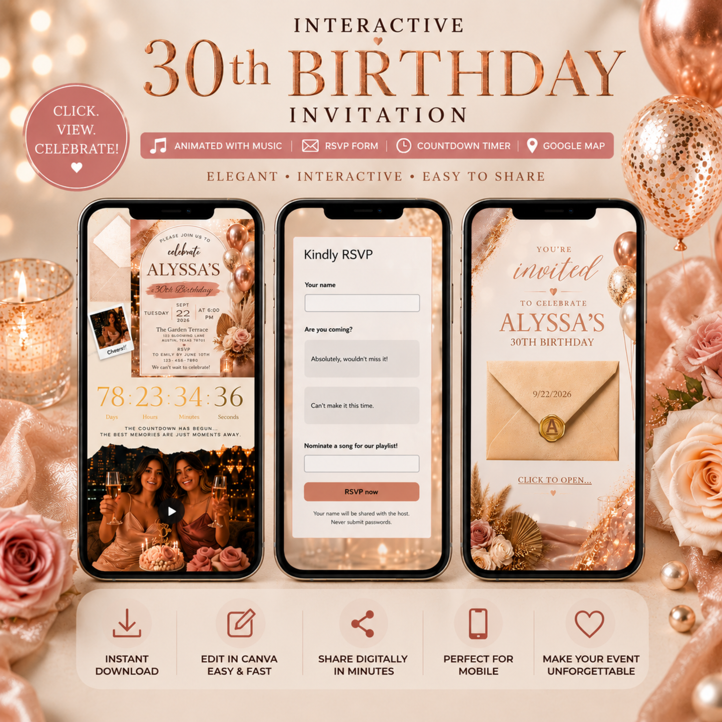 30th Birthday Invitation Template | Editable Rose Gold Canva Invite | Animated Digital Download | PLR MRR