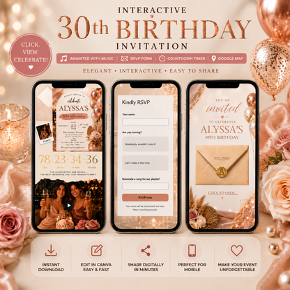 Rose Gold 30th Birthday Invitation | Animated Canva Template