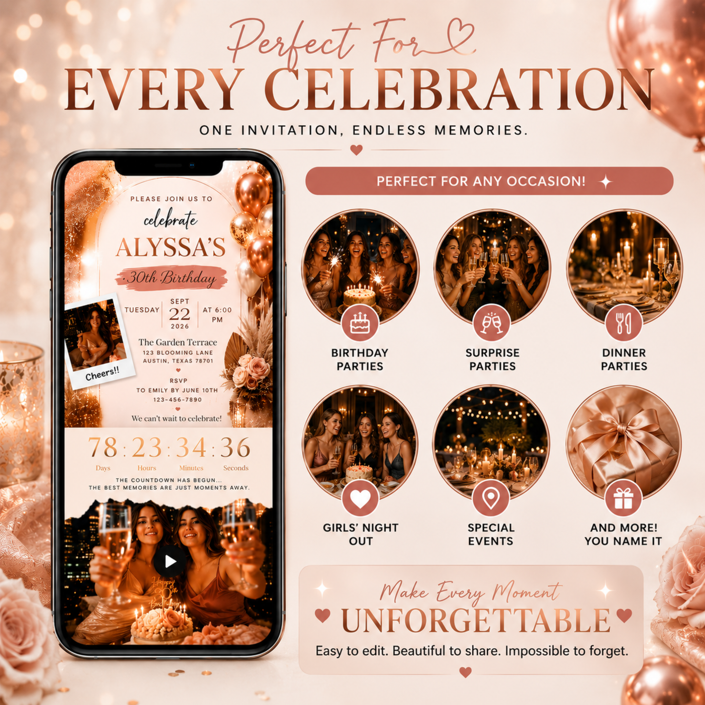 30th Birthday Invitation Template | Editable Rose Gold Canva Invite | Animated Digital Download | PLR MRR