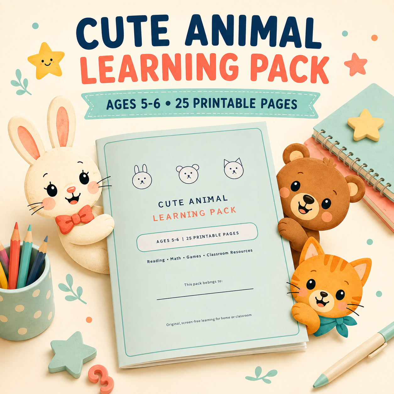 Cute Animal Learning Pack for Ages 5–6