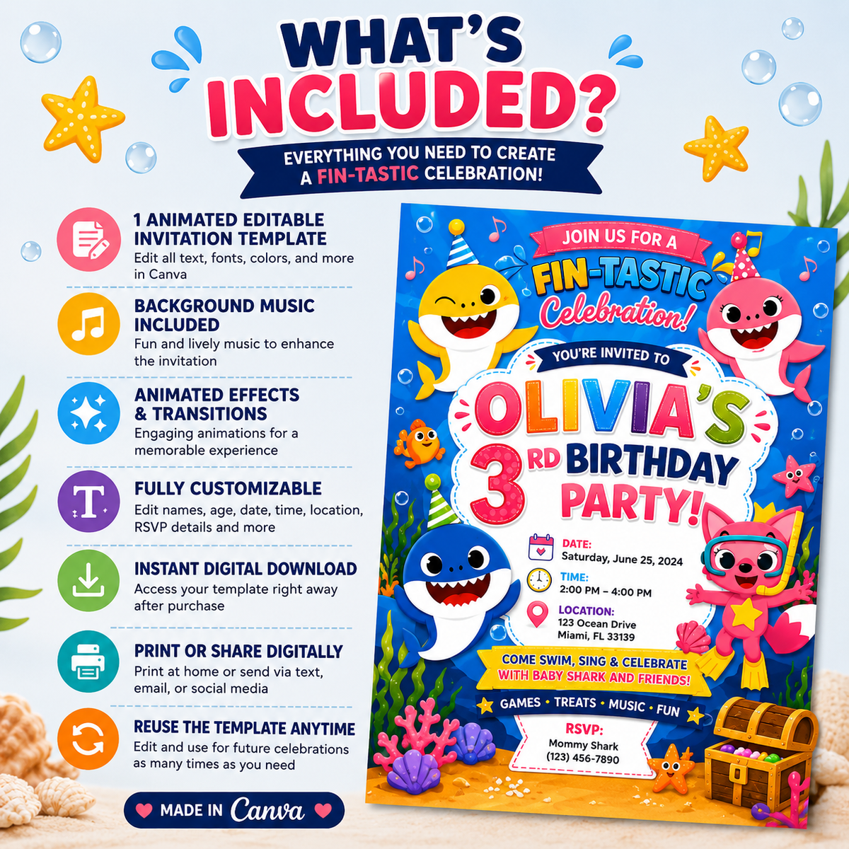 Animated Ocean Birthday Invitation Template | Shark Theme, Music (Digital Download)