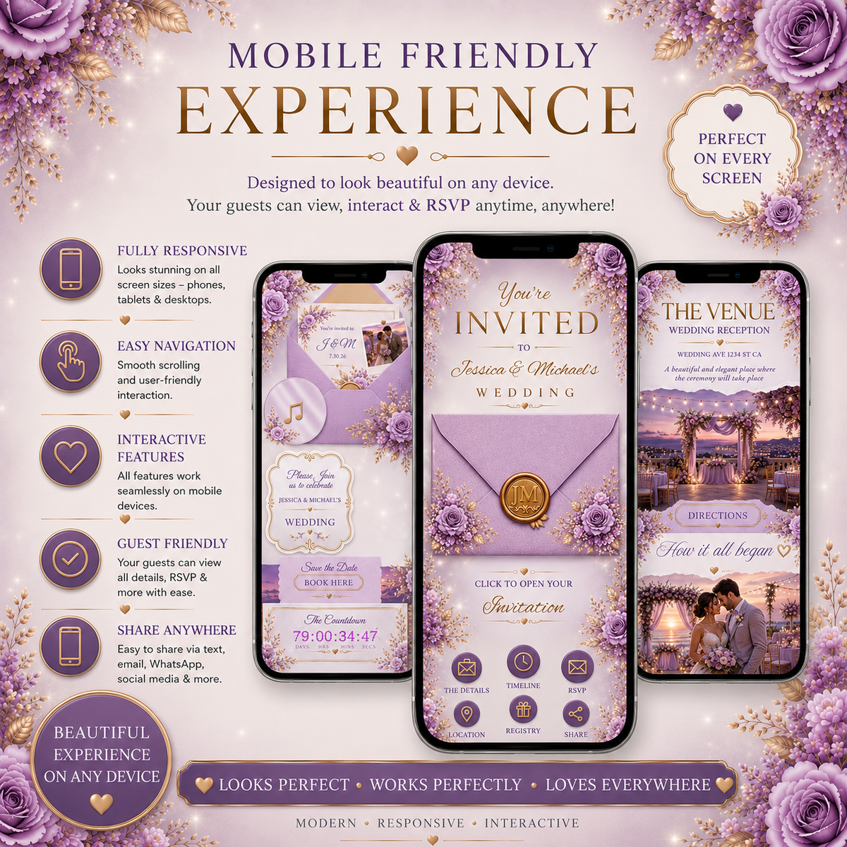 Interactive Purple Lilac & Gold Wedding Invitation | Editable Canva Wedding Website | Digital Invite with RSVP, Music & Countdown, PLR + MRR