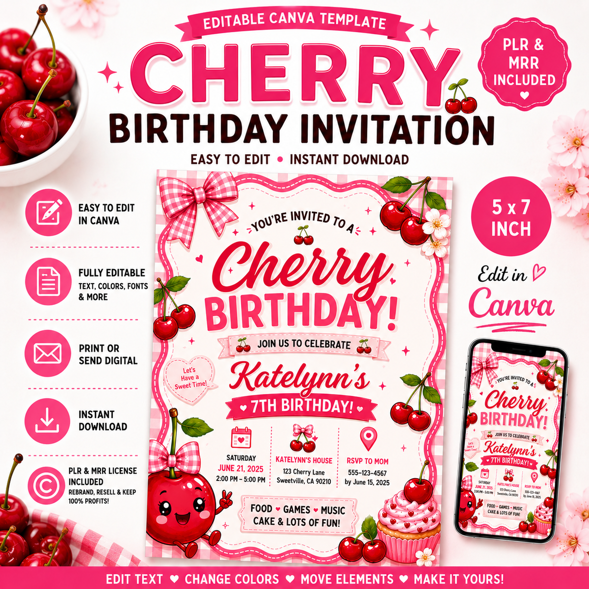 Editable Cherry Birthday Invitation Template | Pink Cherry Party Invite (Digital Download) PLR MRR