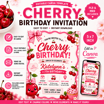 Pink Cherry Birthday Invitation | Editable Canva Template