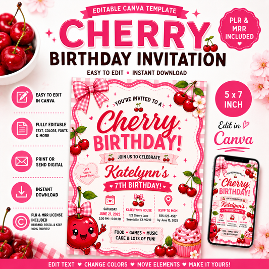 Editable Cherry Birthday Invitation Template | Pink Cherry Party Invite (Digital Download) PLR MRR