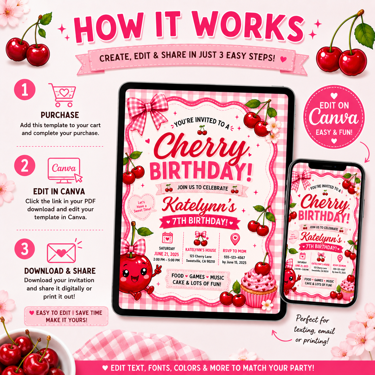Editable Cherry Birthday Invitation Template | Pink Cherry Party Invite (Digital Download) PLR MRR