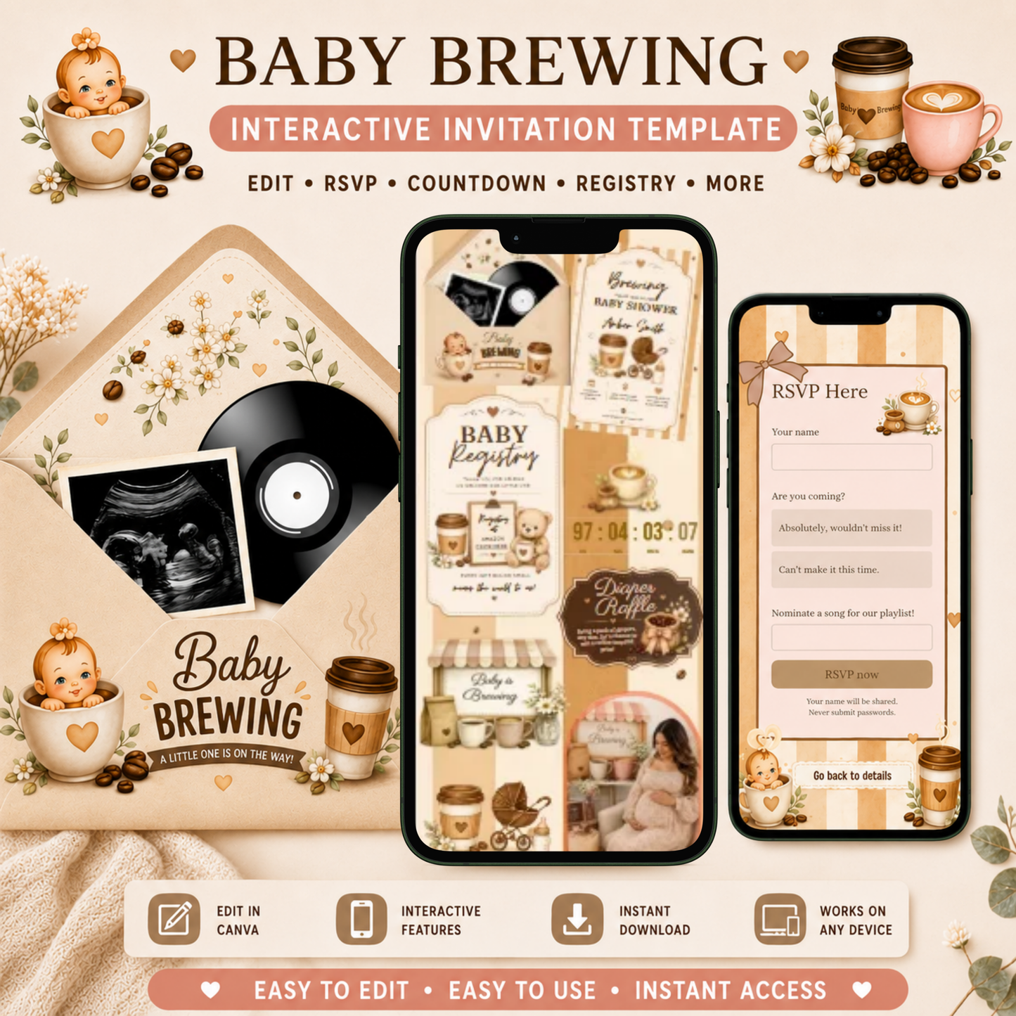 Baby Brewing Interactive Baby Shower Invitation | Editable Canva Template | PLR & MRR