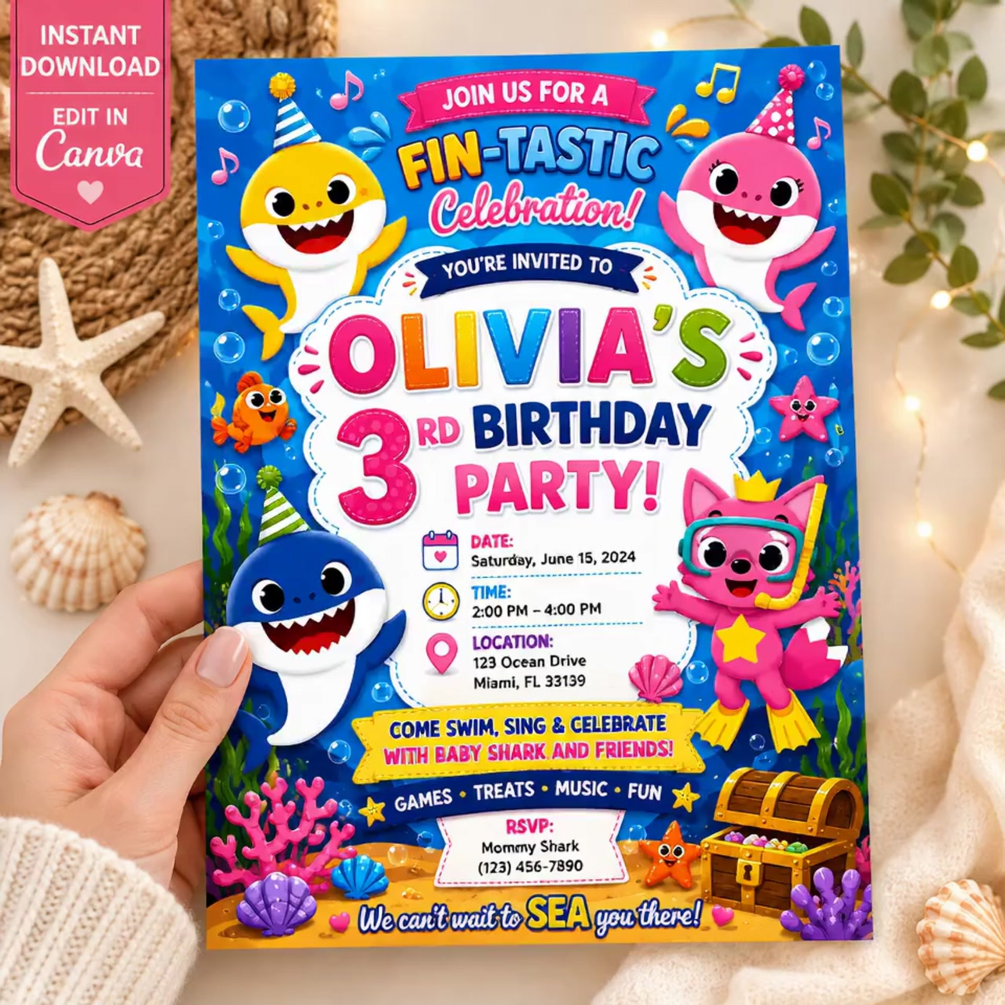 Animated Ocean Birthday Invitation Template | Shark Theme, Music (Digital Download)