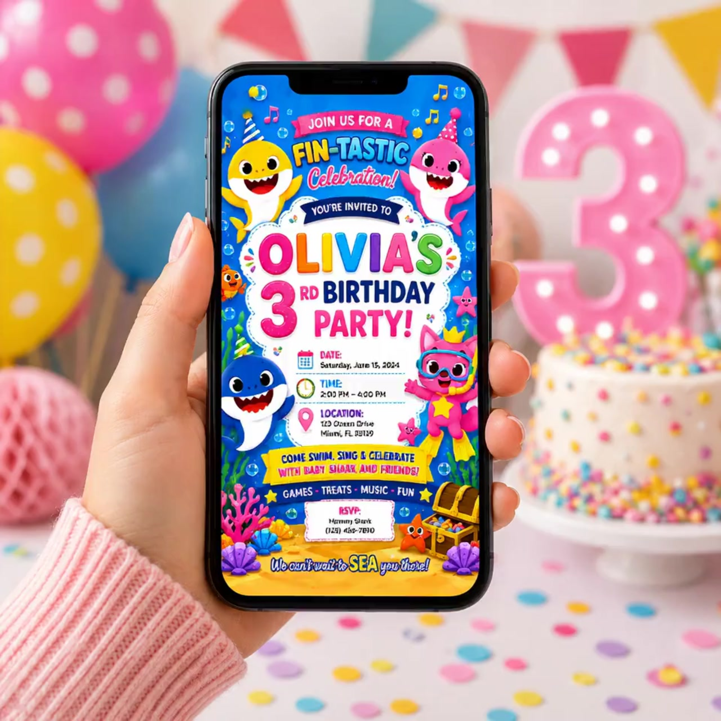 Animated Ocean Birthday Invitation Template | Shark Theme, Music (Digital Download)