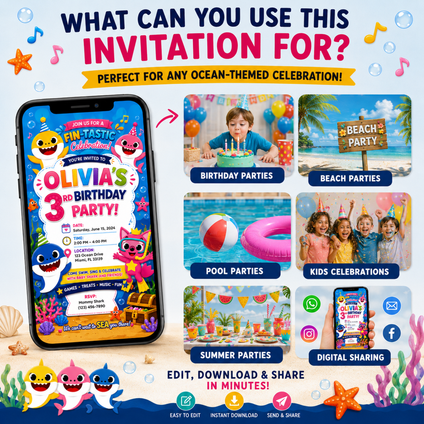 Animated Ocean Birthday Invitation Template | Shark Theme, Music (Digital Download)