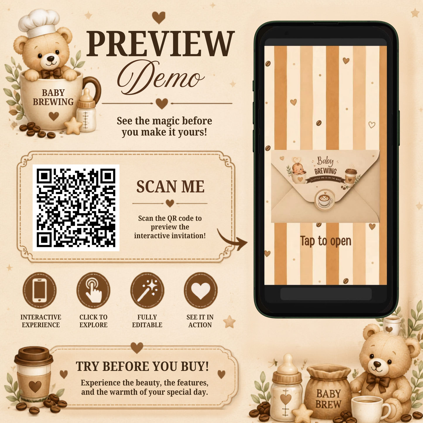 Baby Brewing Interactive Baby Shower Invitation | Editable Canva Template | PLR & MRR