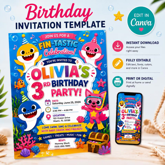 Animated Ocean Birthday Invitation Template | Shark Theme, Music (Digital Download)