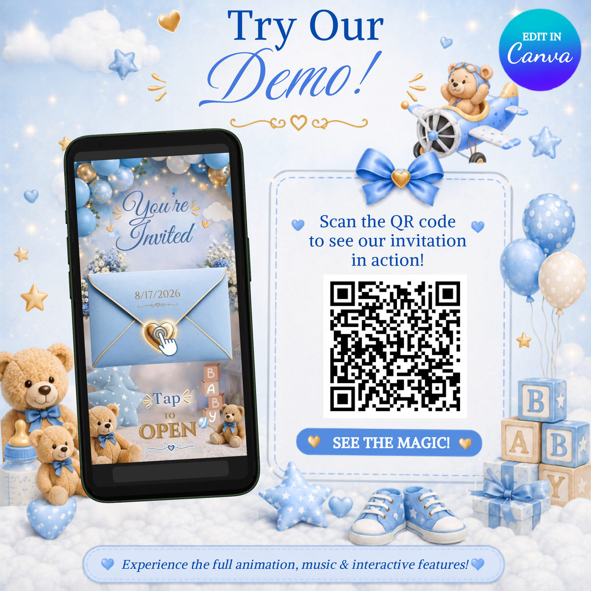 Interactive Baby Boy Shower Invitation | Editable Canva Template with Music | PLR MRR