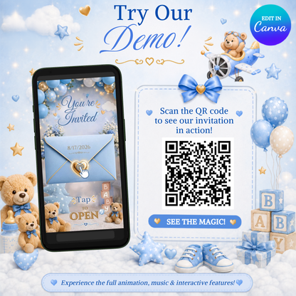 Baby Boy Shower Invitation | Interactive Canva Template with Music