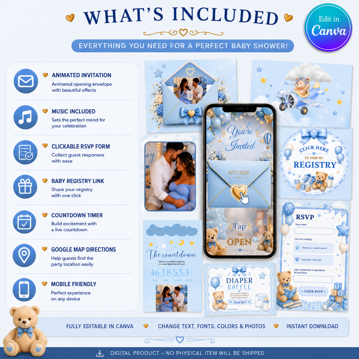 Interactive Baby Boy Shower Invitation | Editable Canva Template with Music | PLR MRR