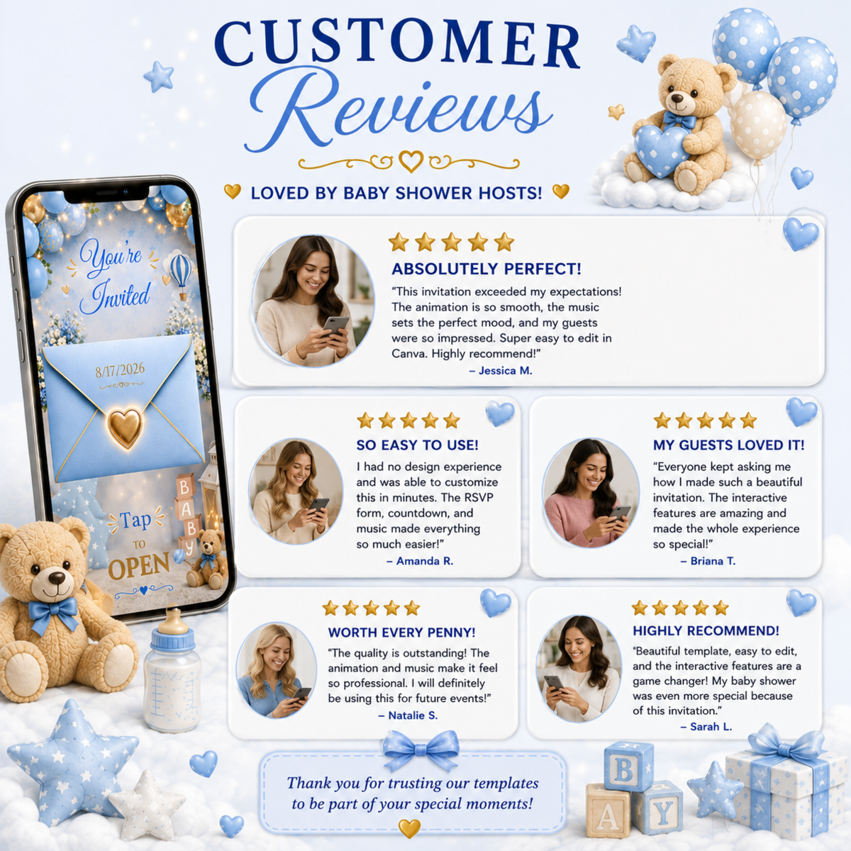 Interactive Baby Boy Shower Invitation | Editable Canva Template with Music | PLR MRR