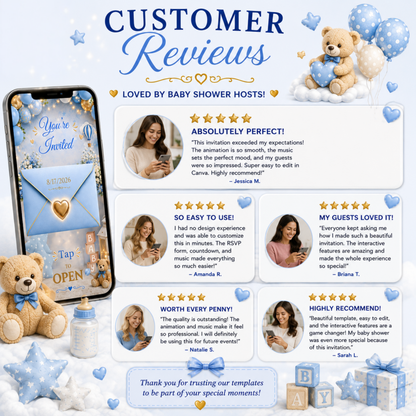 Baby Boy Shower Invitation | Interactive Canva Template with Music