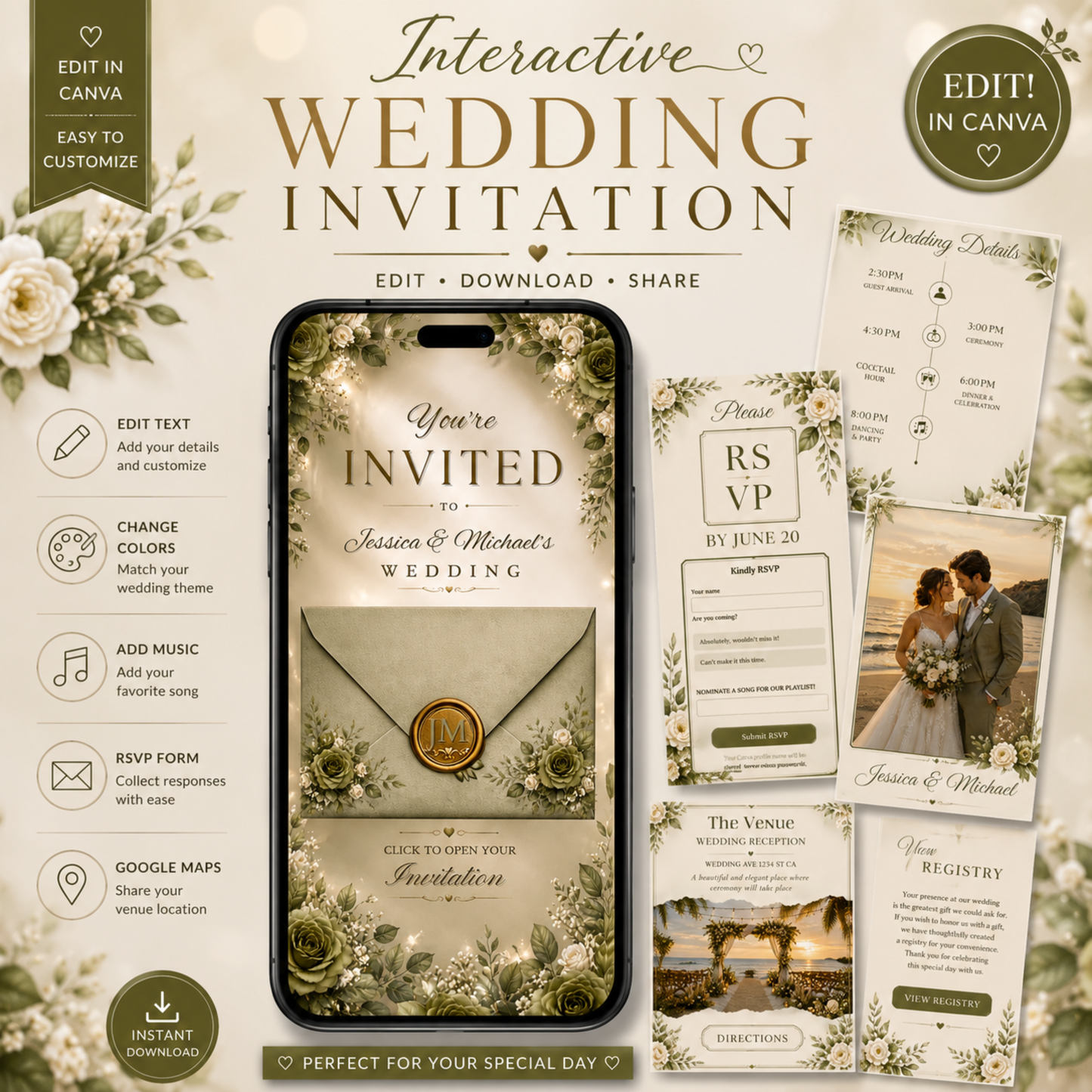 Interactive Wedding Invitation Template | Editable Canva Wedding Website | RSVP, Music & Countdown | PLR + MRR