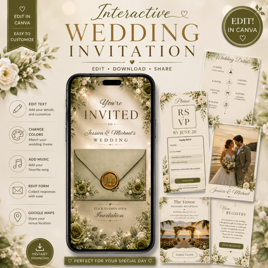 Interactive Wedding Invitation Template | Editable Canva Wedding Website | RSVP, Music & Countdown | PLR + MRR