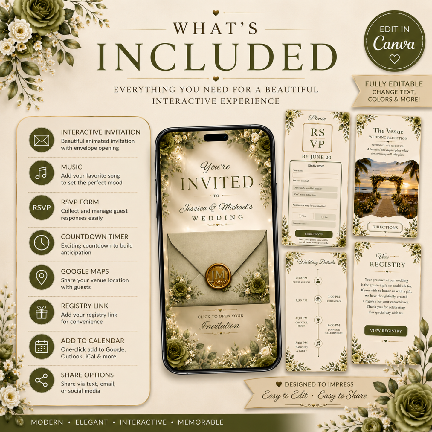 Interactive Wedding Invitation Template | Editable Canva Wedding Website | RSVP, Music & Countdown | PLR + MRR