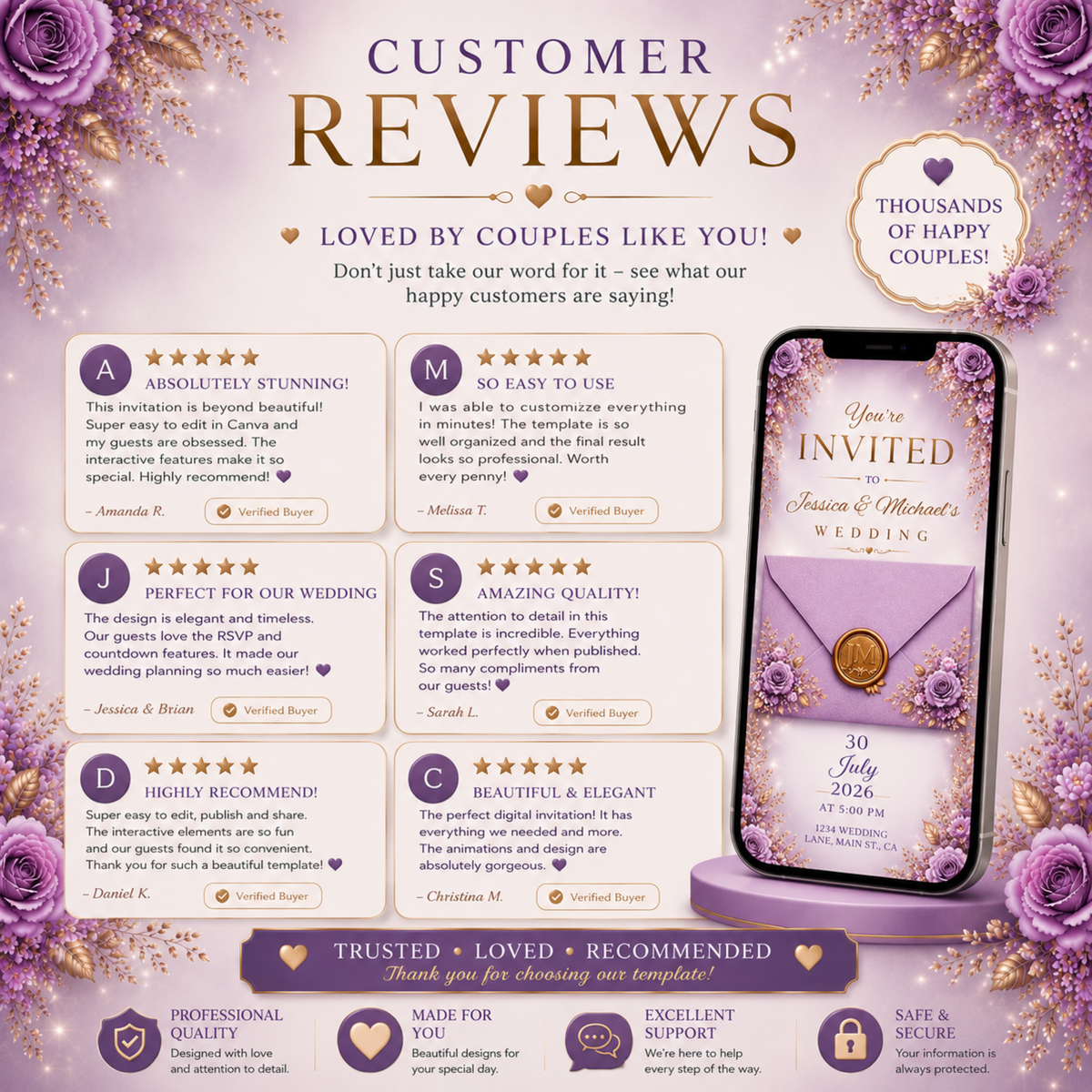 Interactive Purple Lilac & Gold Wedding Invitation | Editable Canva Wedding Website | Digital Invite with RSVP, Music & Countdown, PLR + MRR