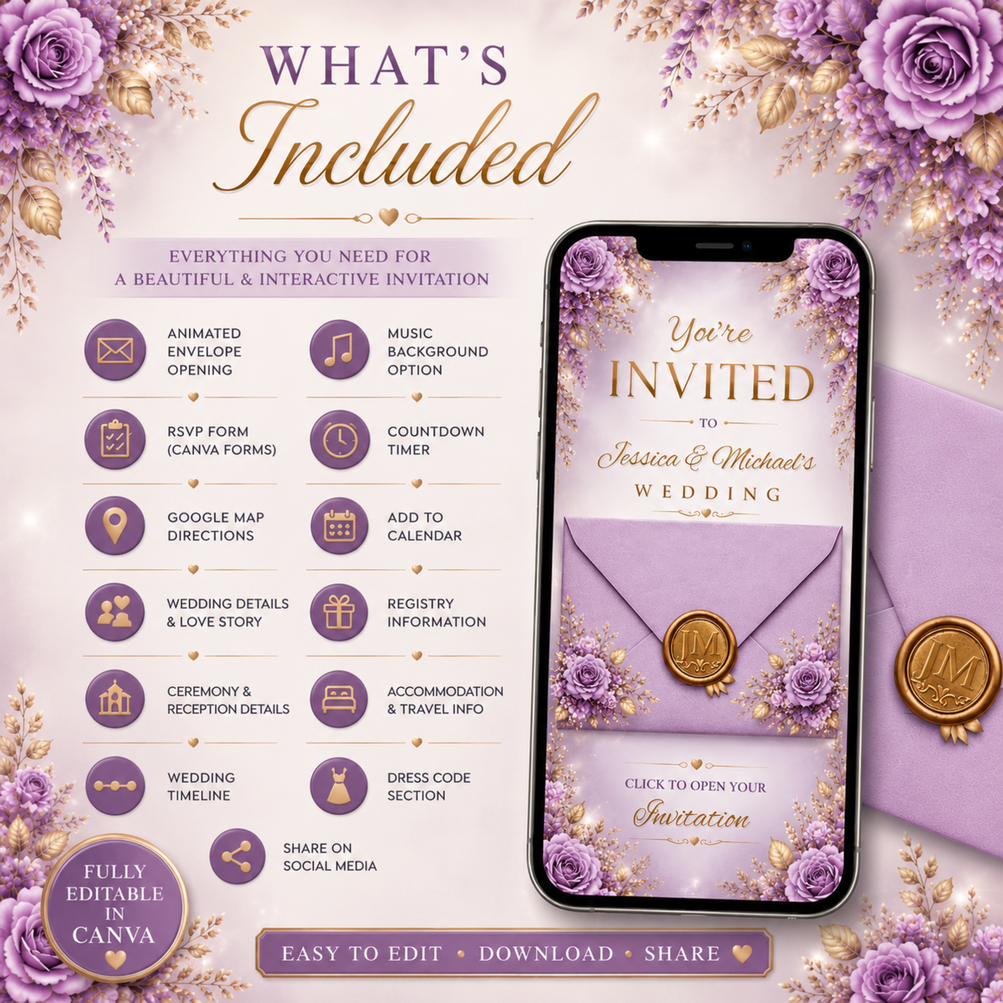 Interactive Purple Lilac & Gold Wedding Invitation | Editable Canva Wedding Website | Digital Invite with RSVP, Music & Countdown, PLR + MRR