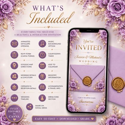 Lilac & Gold Wedding Invitation | Interactive Canva Website