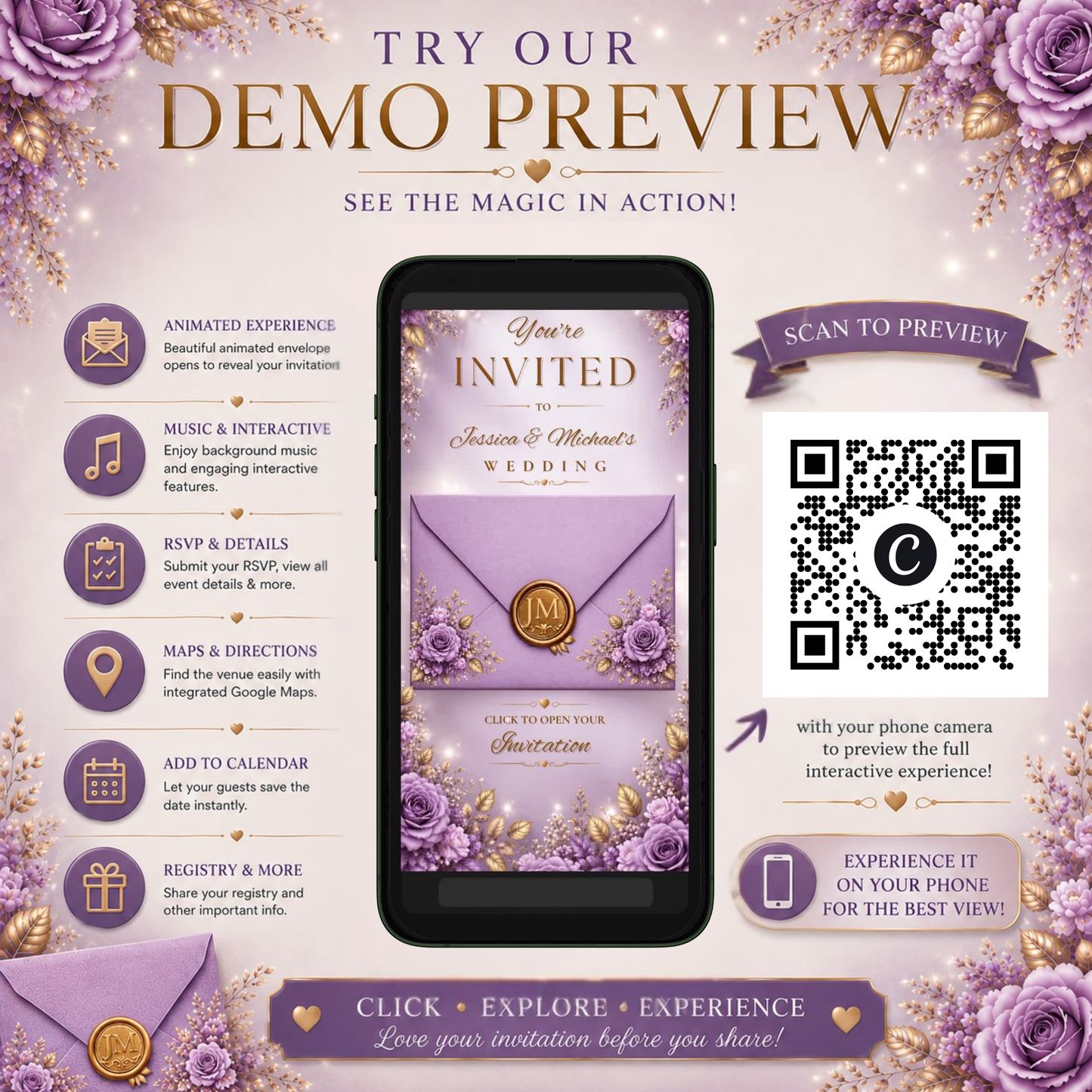 Interactive Purple Lilac & Gold Wedding Invitation | Editable Canva Wedding Website | Digital Invite with RSVP, Music & Countdown, PLR + MRR