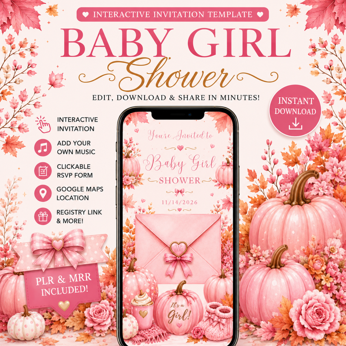 Interactive Fall Pink Little Pumpkin Baby Shower Invitation | Editable Canva Template | Digital Download | PLR & MRR Included