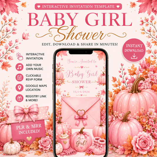 Interactive Fall Pink Little Pumpkin Baby Shower Invitation | Editable Canva Template | Digital Download | PLR & MRR Included