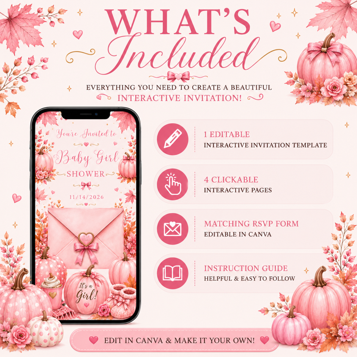 Interactive Fall Pink Little Pumpkin Baby Shower Invitation | Editable Canva Template | Digital Download | PLR & MRR Included
