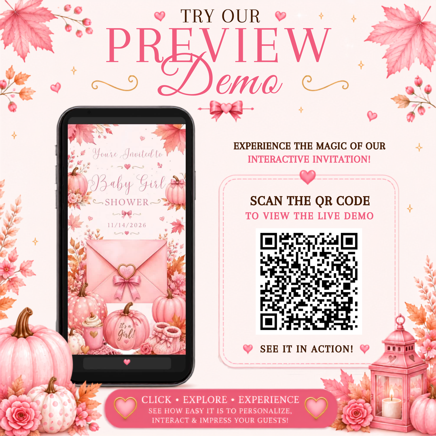Interactive Fall Pink Little Pumpkin Baby Shower Invitation | Editable Canva Template | Digital Download | PLR & MRR Included
