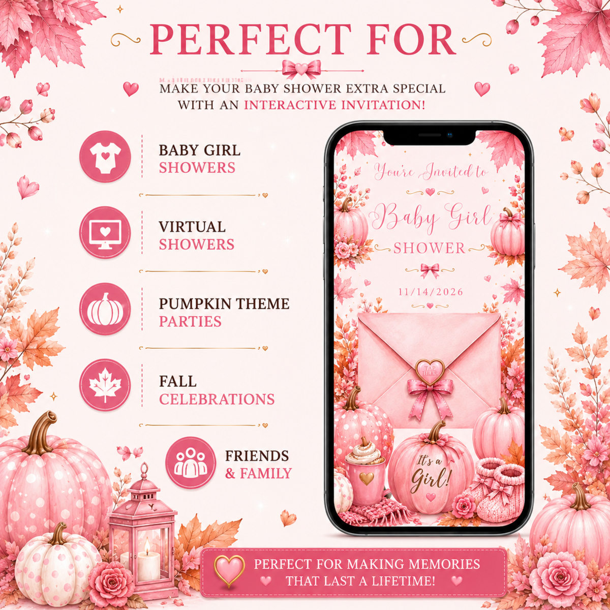 Interactive Fall Pink Little Pumpkin Baby Shower Invitation | Editable Canva Template | Digital Download | PLR & MRR Included