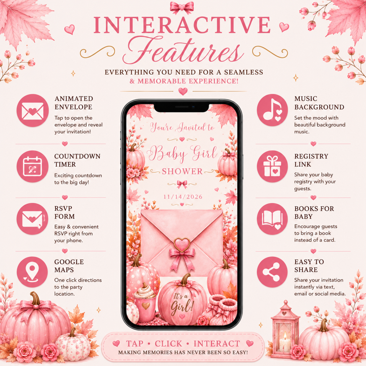 Interactive Fall Pink Little Pumpkin Baby Shower Invitation | Editable Canva Template | Digital Download | PLR & MRR Included