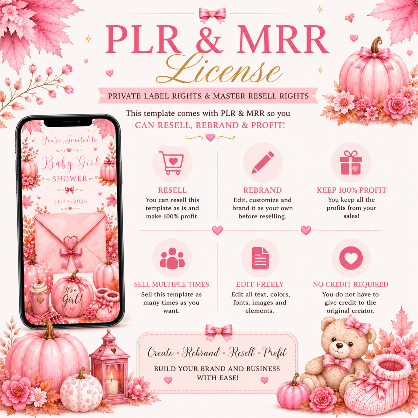 Interactive Fall Pink Little Pumpkin Baby Shower Invitation | Editable Canva Template | Digital Download | PLR & MRR Included
