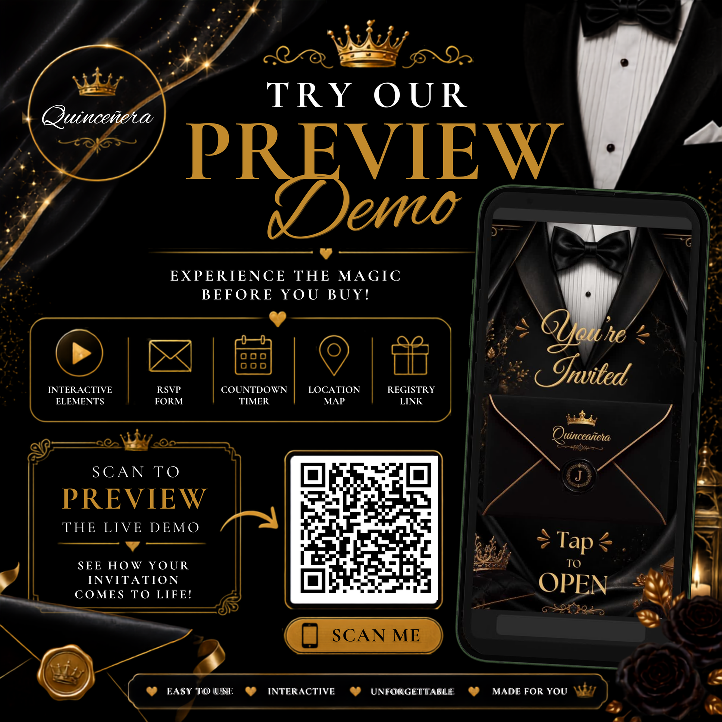 Black Gold Tuxedo Quinceañera Invitation, Interactive Canva Template (PLR MRR)
